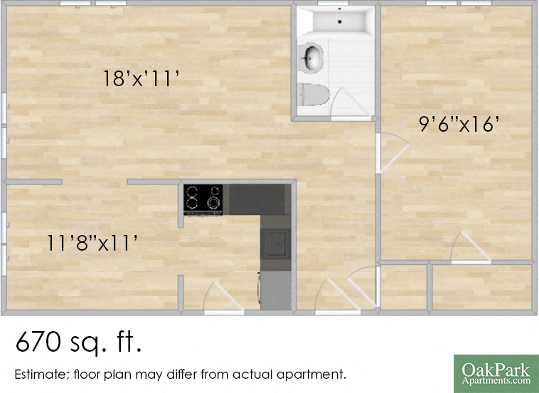 Floor plan for 1 bed, 1 bath, 670 sqft
